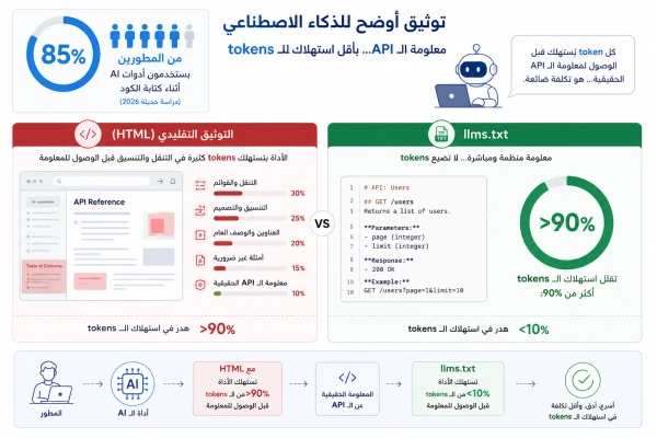 Traditional HTML documentation burns tokens on navigation and formatting, while llms.txt cuts that overhead by more than 90%