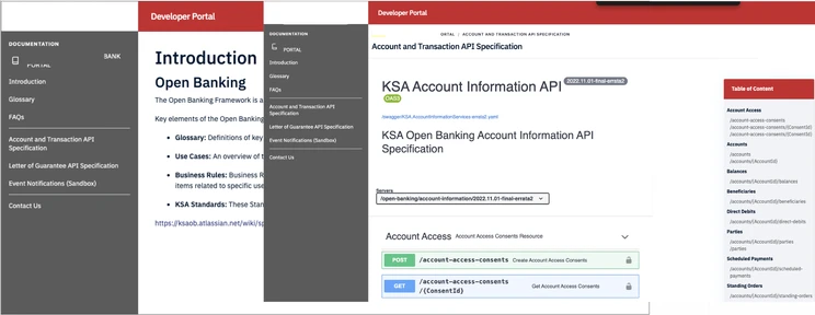 Example of a bank's Open Banking developer portal documentation, showing an account information API specification